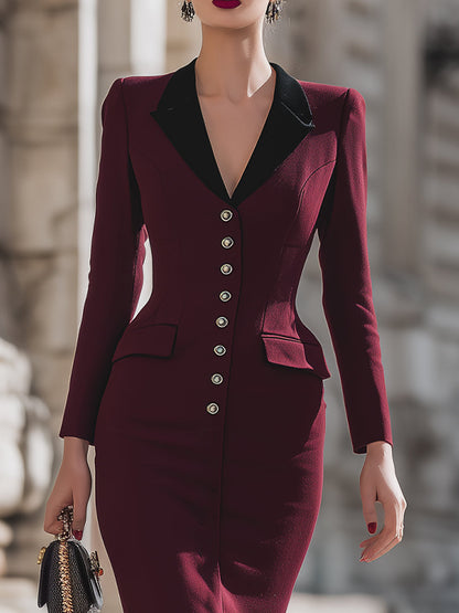 Elegant Burgundy Blazer Dress With Black Lapel And Silver Buttons