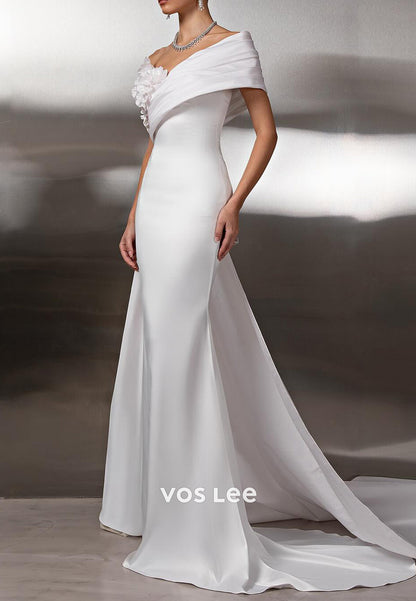 Sexy & Hot Asymmetrical Neck Satin Flowers Mermaid Prom Dresses