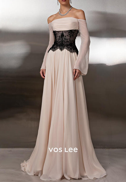 Simple Long Sleeve Off the Shoulder A-Line Pleated Evening Dresses
