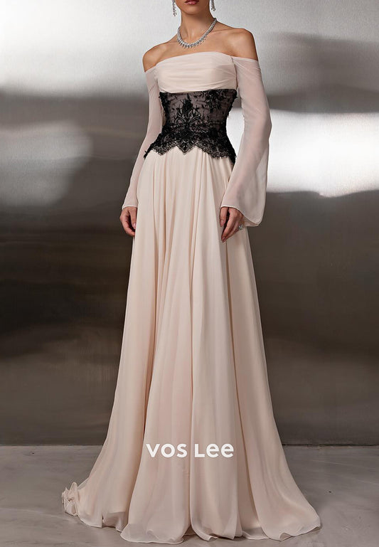 Simple Long Sleeve Off the Shoulder A-Line Pleated Evening Dresses