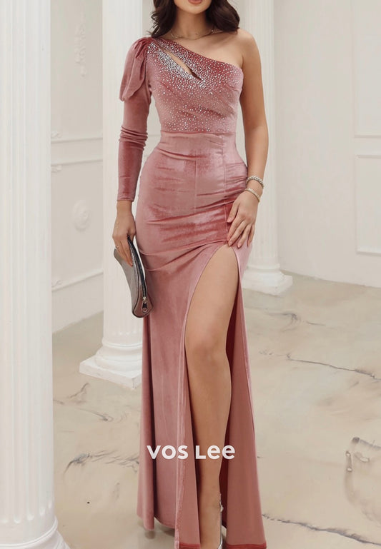 Long Sleeve One Shoulder Pleated Rhinestone Mermaid Evening Dresses with High Split