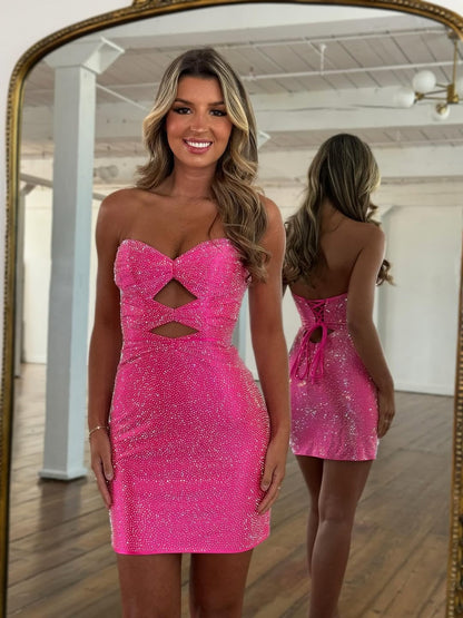 homecoming women's hot pink short strapless dress GS3506 Glitter Print Cocktail ensuring you feel comfortable and confident at any eventfrom homecoming to birthday celebrations Zapaka Women Fuchsia Tight Homecoming