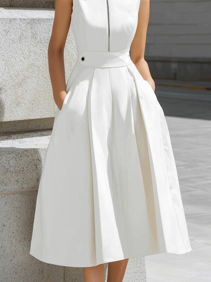Sleeveless High-Neck Zip Front A-Line Midi Dress