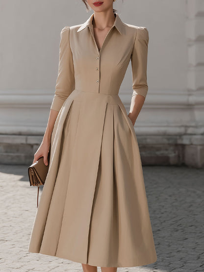 Beige Shirt-Collar Pleated Midi Dress