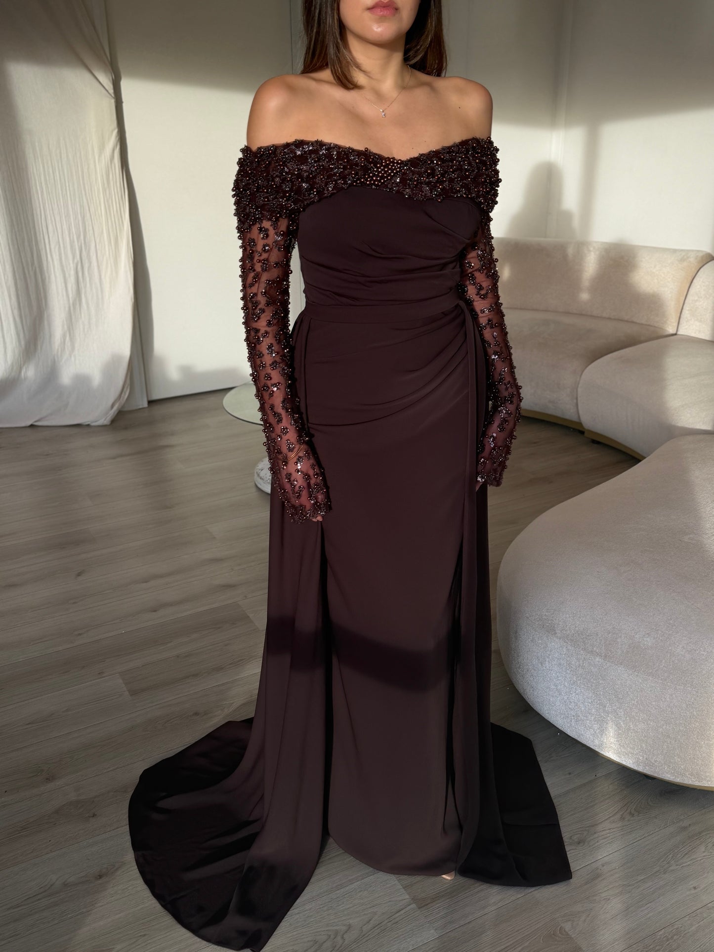 Elegant Off-Shoulder Evening Gown | Sheer Embellished Sleeves & Flowing Train