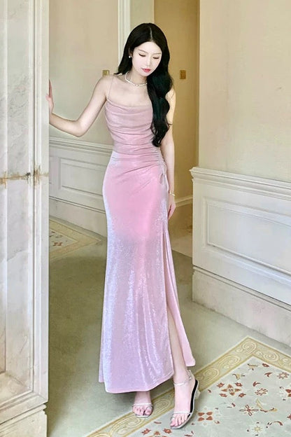 Modest Mermaid Spaghetti Strap Pink Sequin Slit High Evening Dresses
