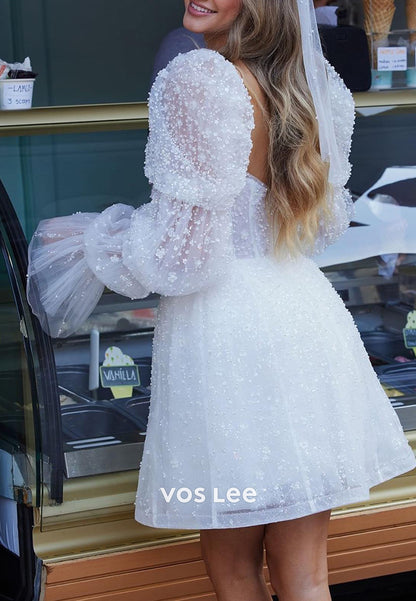 Sparkly A-Line Detachable Long Sleeve Sweetheart Fully Beaded Short Wedding Dresses