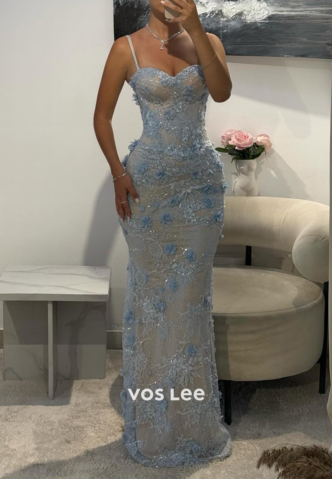 Sky Blue Spaghetti Straps Sweetheart Appliques Lace Mermaid Prom Dresses