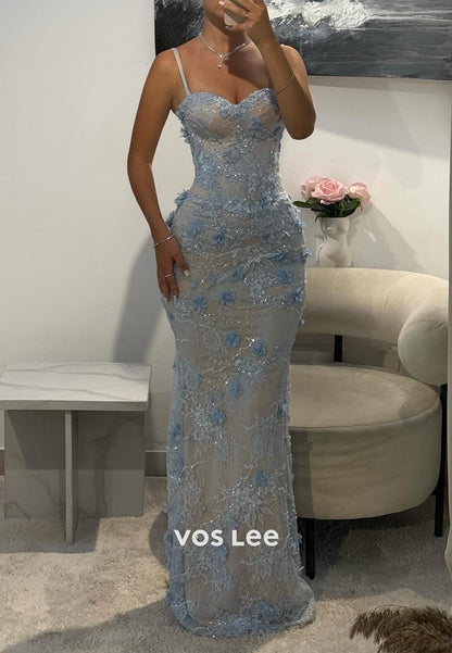 Sky Blue Spaghetti Straps Sweetheart Appliques Lace Mermaid Prom Dresses