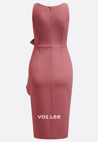 Regular Straps V Neck Pleated Bowknot Knee-Length Sheath Wedding Guest Dresses