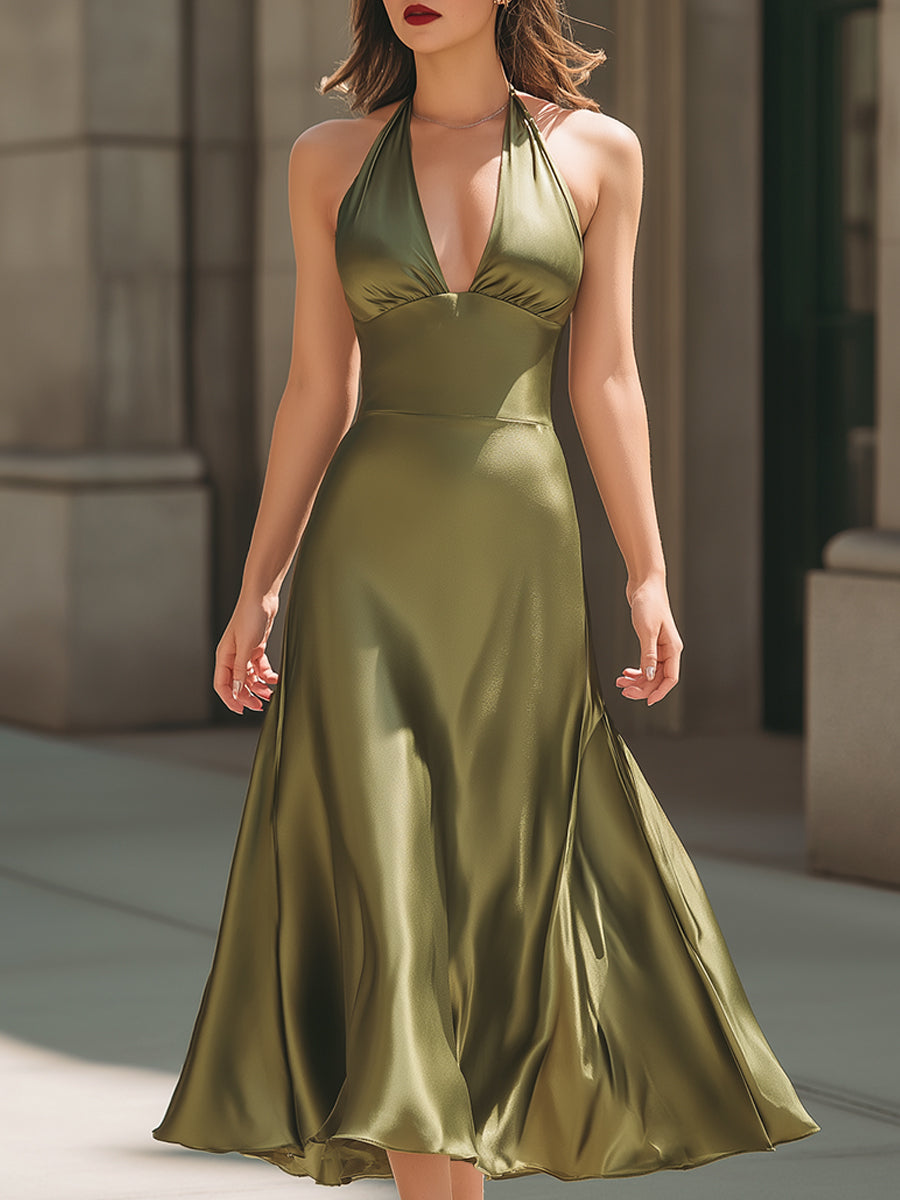 V-Neck Satin Halter Neck A-Line Midi Dress