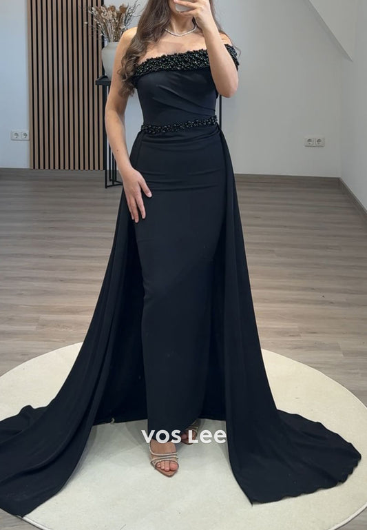 Dark Navy One Shoulder Beading Mermaid Evening Dresses with Court Train