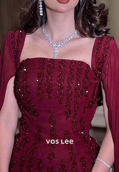 Classic Square Sequins Sheath Pleated Evening Dresses with Sweep Train