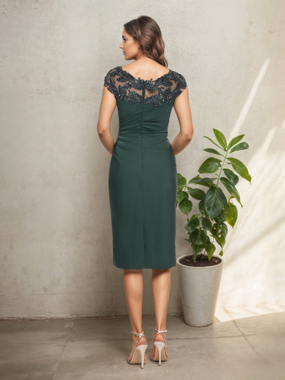 Dark Emerald Cap Sleeves Knee Length Mother Of The Bride Dress with Illusion Lace V-Neck