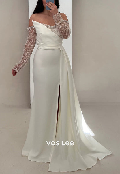 Long Sleeve Off the Shoulder Beading Pleated Mermaid Evening Dresses with Sweep Train