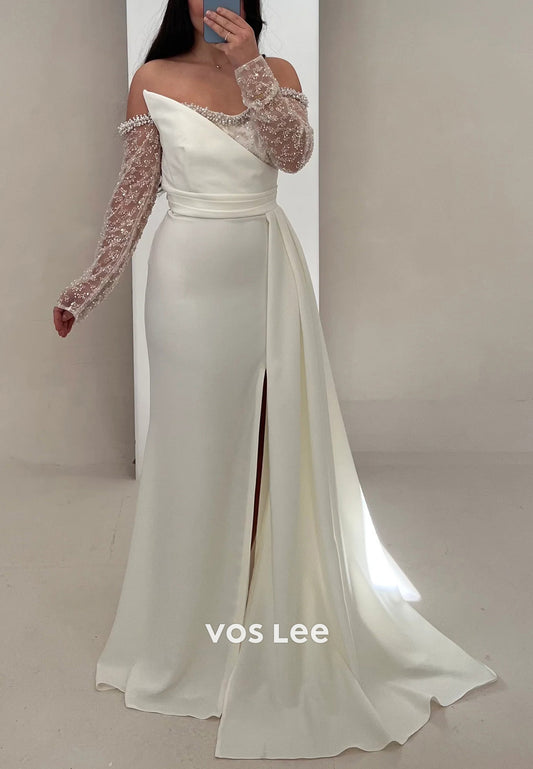 Long Sleeve Off the Shoulder Beading Pleated Mermaid Evening Dresses with Sweep Train
