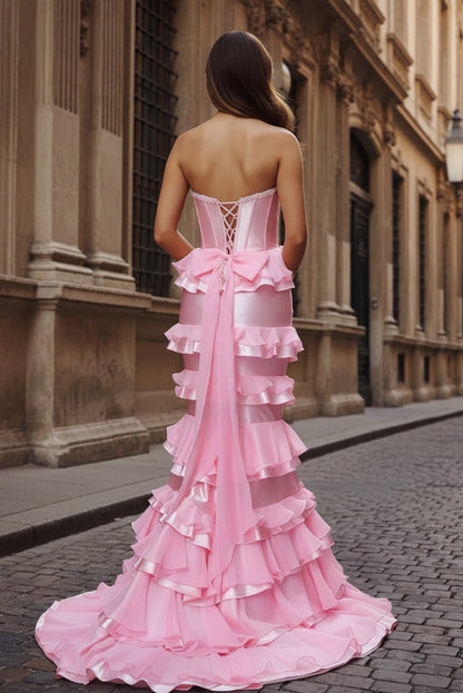 Pink Bow Sweetheart Tiered Ruffle Mermaid Dress