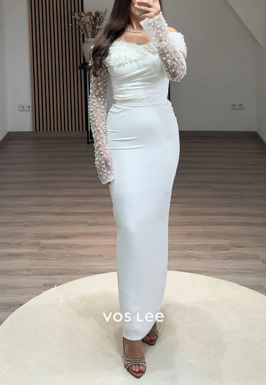Long Sleevees Off the Shoulder Pearls Pleated Mermaid Evening Dresses with Slit