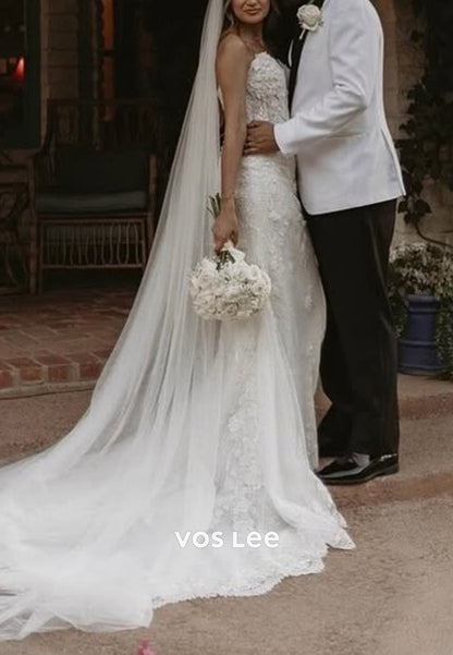 Strapless Sweetheart Lace Appliques Pleated Beach Mermaid Wedding Dresses with Court Train