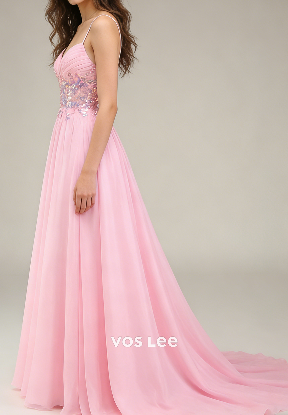 Pink Spaghetti Straps A Line Tulle Long Prom Dresses With Beading Sequins