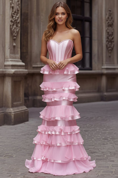 Pink Bow Sweetheart Tiered Ruffle Mermaid Dress
