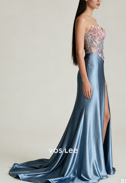 Flowers Appliques Sweetheart Sleeveless Prom Dress Mermaid Slit With Bead
