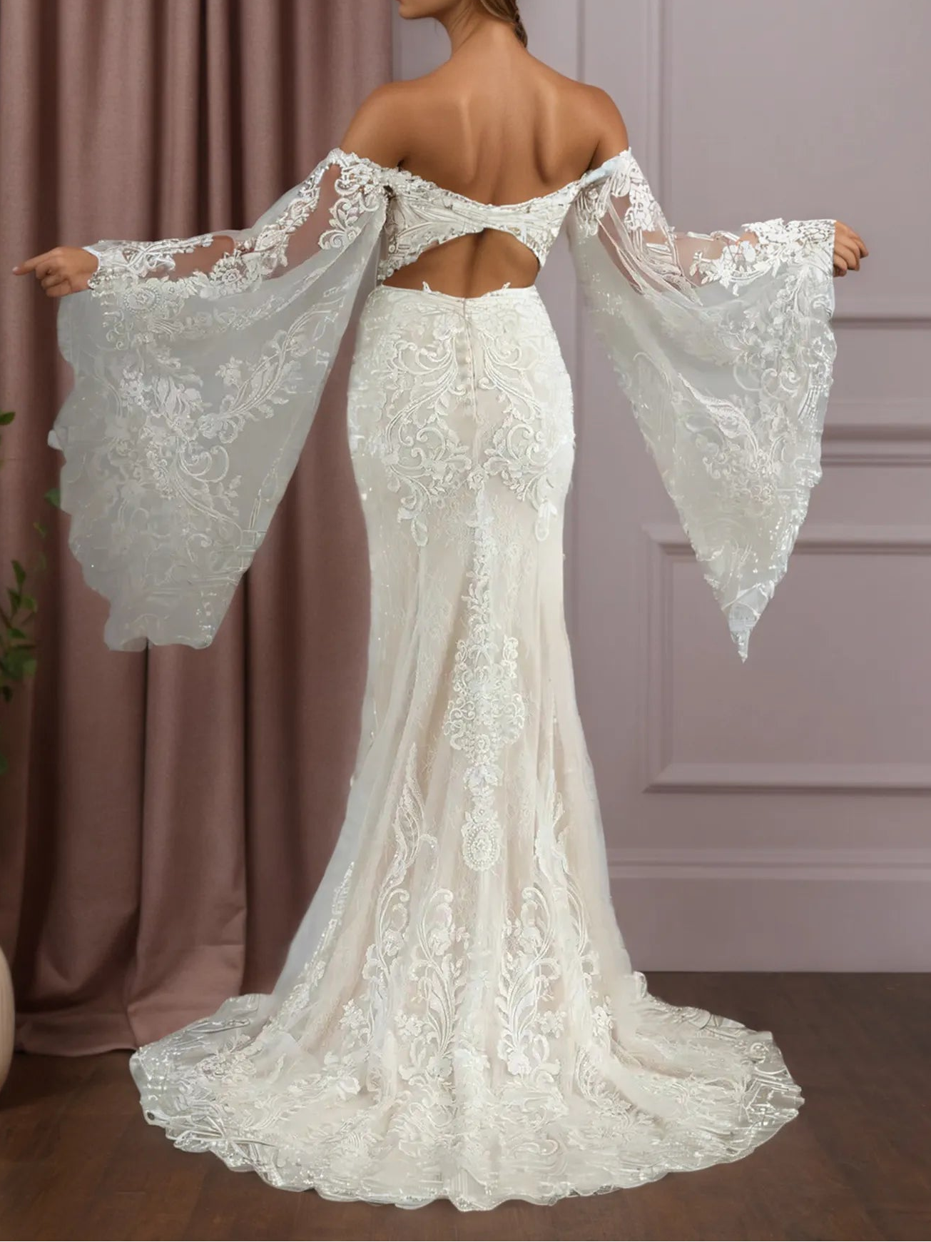Off the Shoulder White Champagne Mermaid V-Neck Sequins Lace Wedding Dress