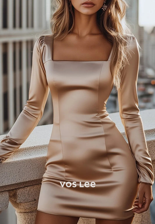 Classic & Timeless Mini Long Sleeve Square Pleated Mermaid Wedding Guest Dresses