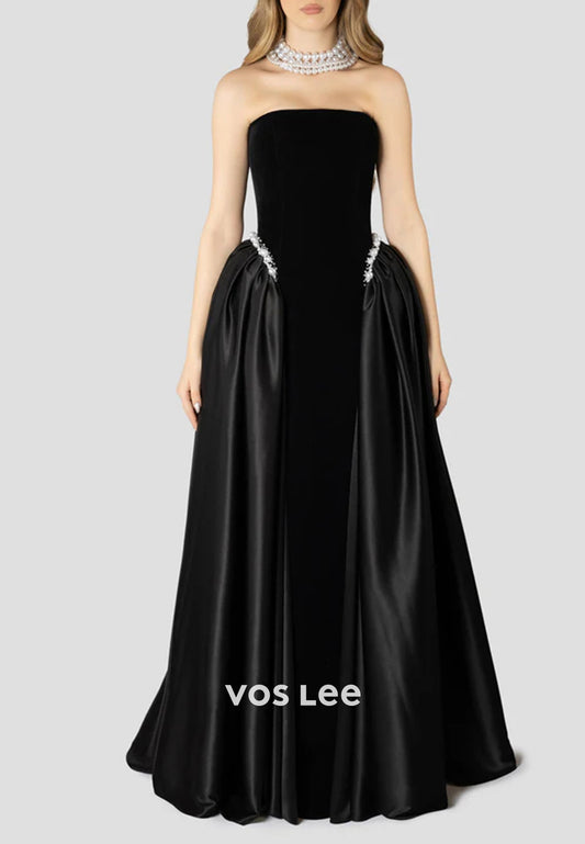 Elegant & Luxurious A-Line Strapless Pearls Empire Waist Prom Dresses with Court Train