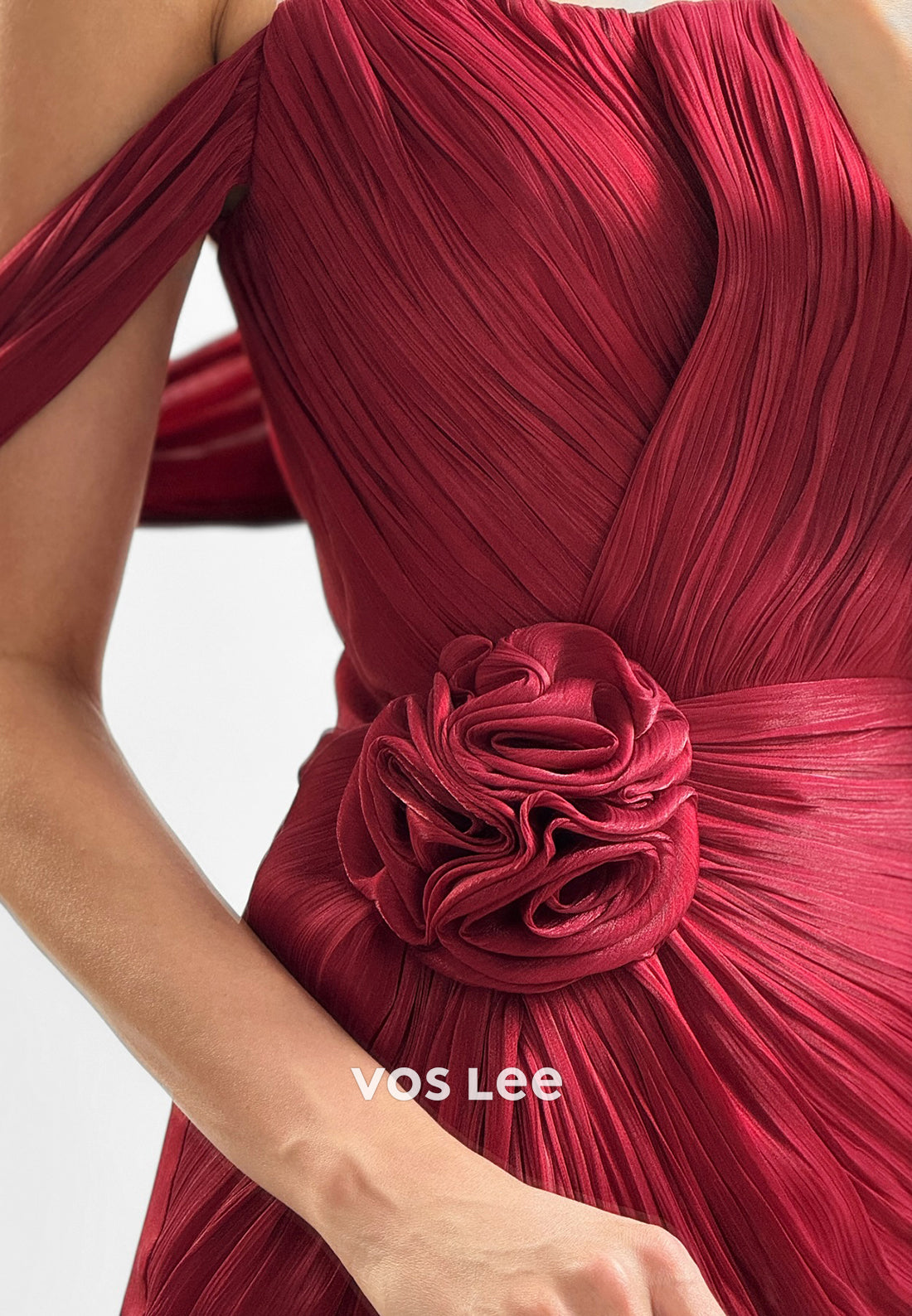 Burgundy Off the Shoulder Pleated Sheath Prom Dresses with Sweep Train