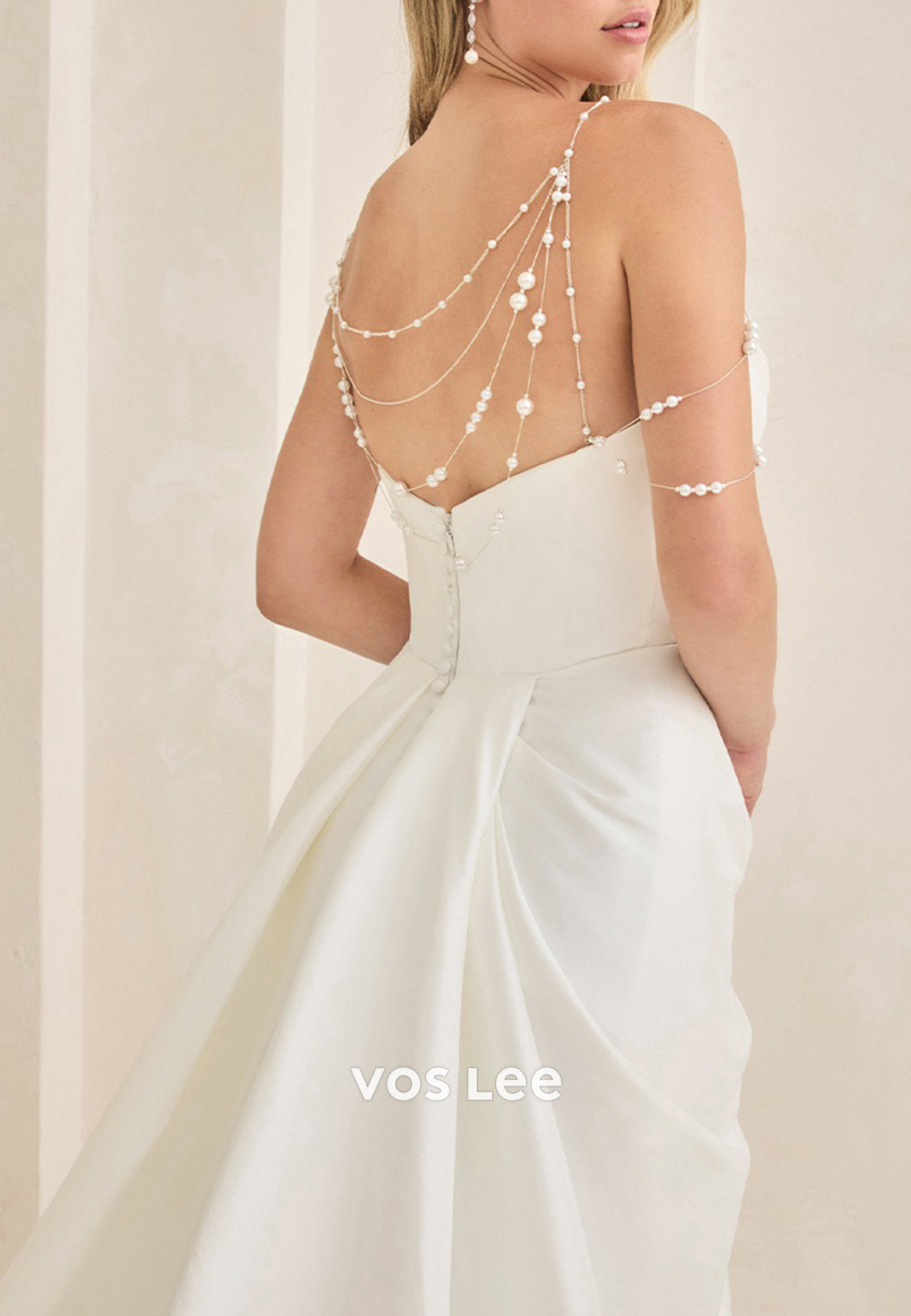 Elegant & Luxurious A-Line One Shoulder Pearls Pleated Wedding Dresses with Court Train