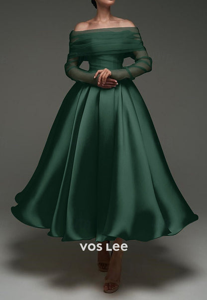 Two Pieces Long Sleeve A-Line Off the Shoulder Ankle-Length Prom Dresses