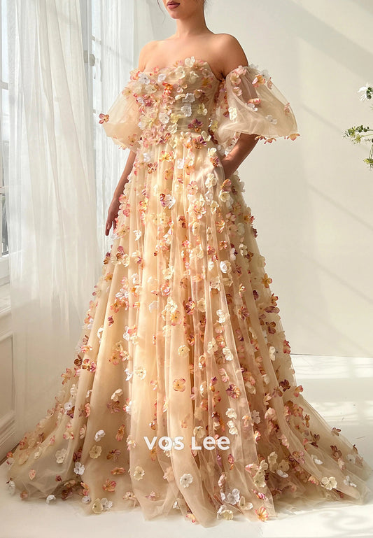 A-Line Short Sleeve Strapless Floral Embellished Prom Dresses with Sweep Train