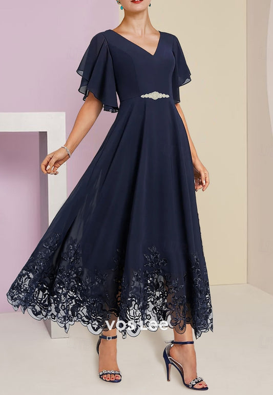 Dark Navy Flutter Sleeves V Neck Ankle-Length Mother of Bride Dresses