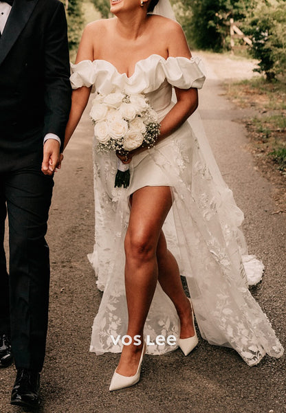 Off the Shoulder Illusion Appliques Lace Sheath Pleated Wedding Dresses with Court Train