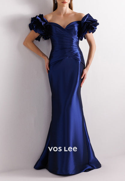 Off the Shoulder Sweetheart Pleated Sheath Floor-Length Evening Dresses Formal Dresses