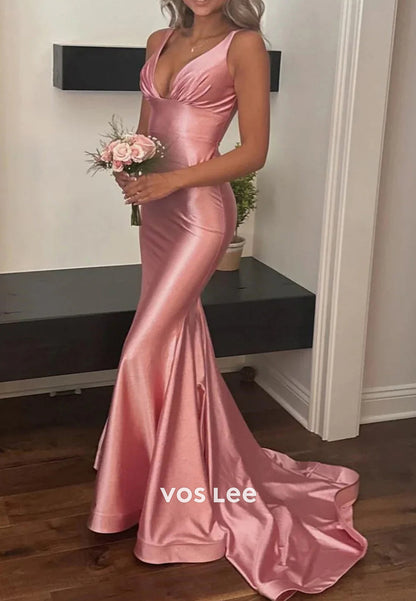 Couture & Ornate V Neck Regular Straps Pleated Mermaid Prom Dresses with Sweep Train