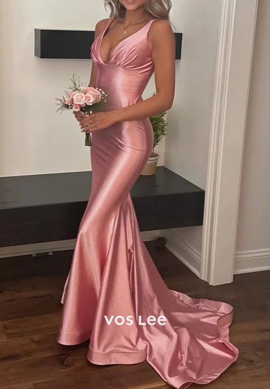 Couture & Ornate V Neck Regular Straps Pleated Mermaid Prom Dresses with Sweep Train