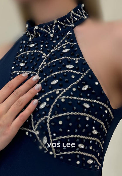 Halter Rhinestone Beading Embellished Floor-Length Mermaid Evening Dresses with Side Spilt