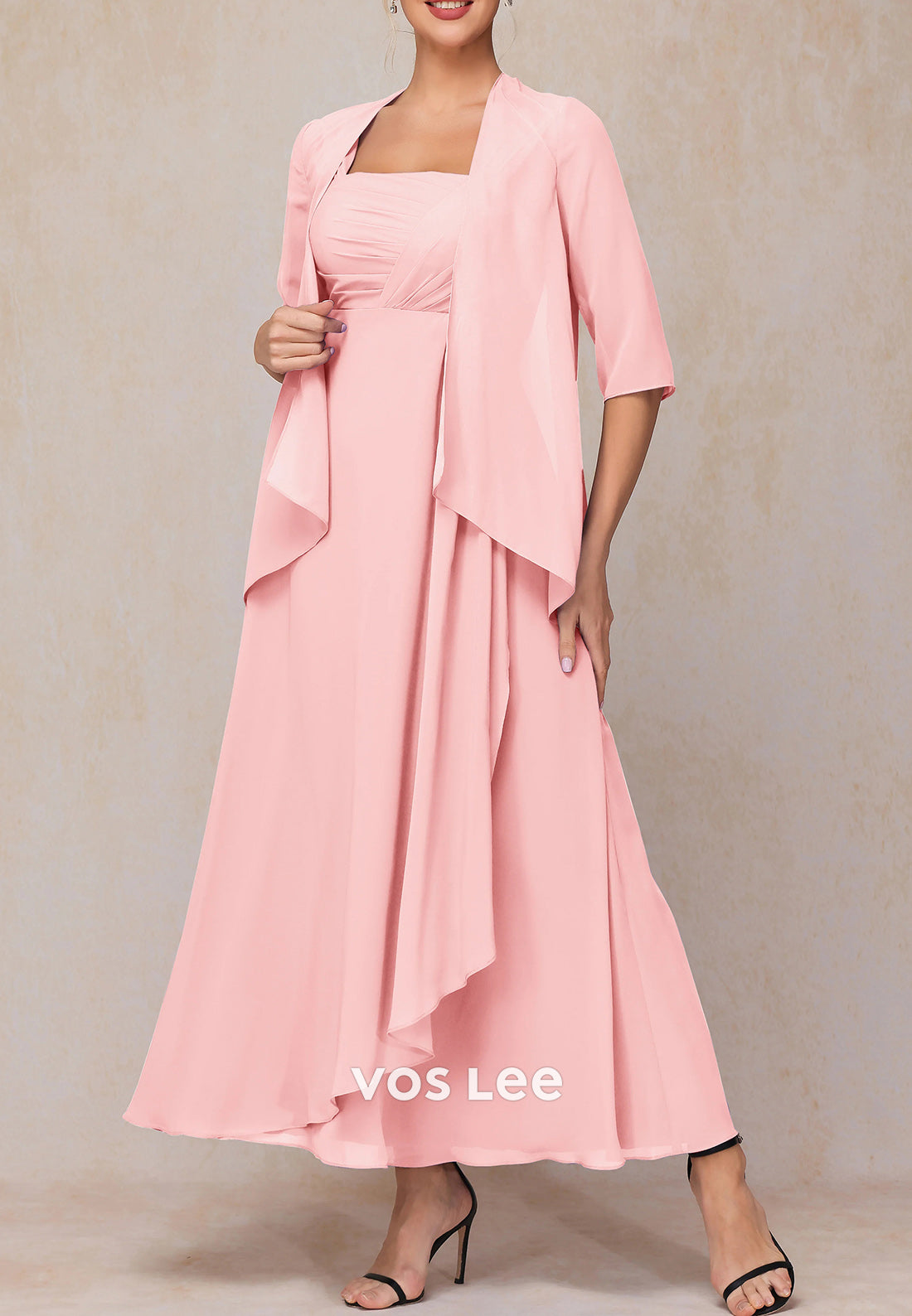Glamorous A-Line Two-Piece Half Sleeve Ankle-Length Pleated Mother of Bride Dresses