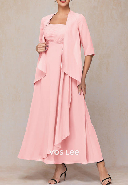 Glamorous A-Line Two-Piece Half Sleeve Ankle-Length Pleated Mother of Bride Dresses