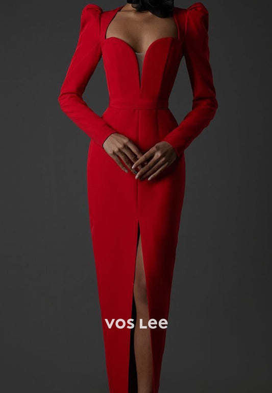 Long Sleeve Queen Anne Ankle-Length Mermaid Evening Dresses with High Split