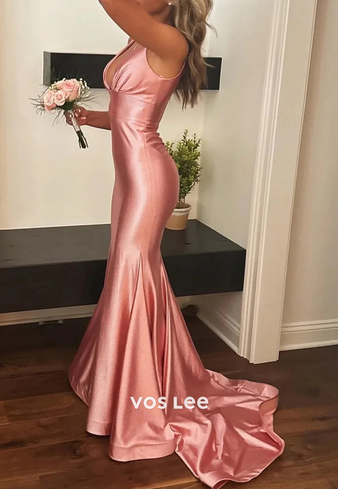 Couture & Ornate V Neck Regular Straps Pleated Mermaid Prom Dresses with Sweep Train