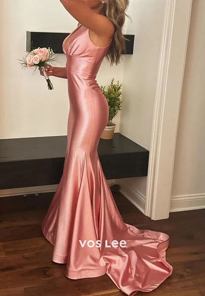 Couture & Ornate V Neck Regular Straps Pleated Mermaid Prom Dresses with Sweep Train