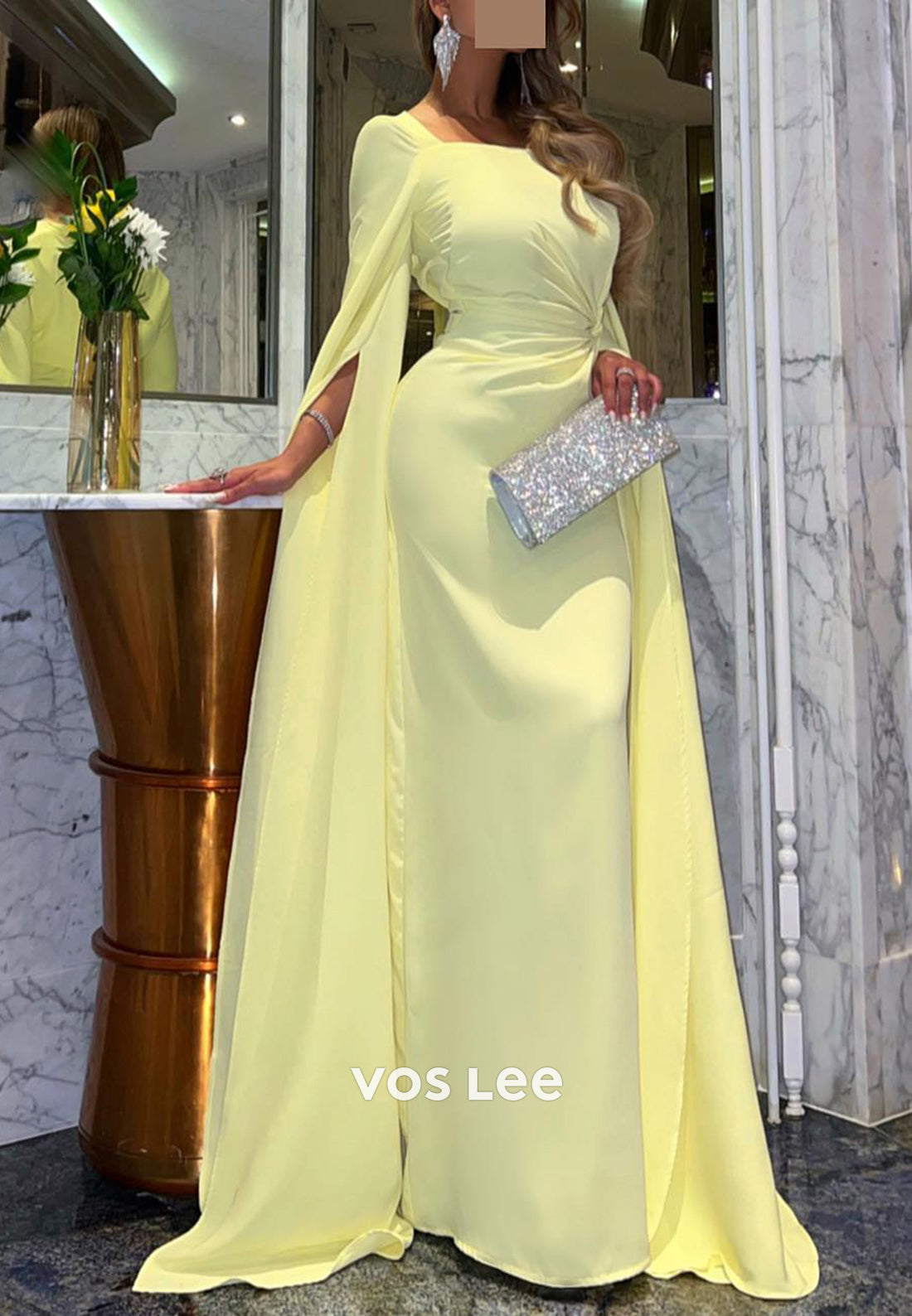 Elegant & Luxurious Long Sleeve Square Floor-Length Pleated Mermaid Evening Dresses