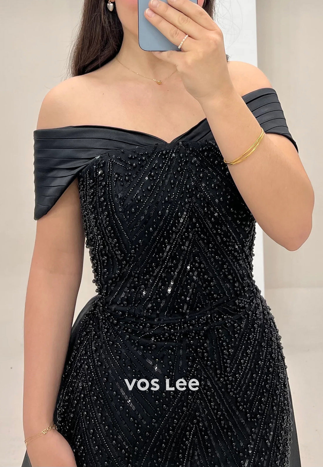 Classic Off the Shoulder Fully Beaded Pleated Mermaid Evening Dresses with Court Train