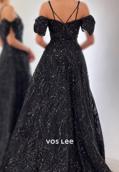 A-Line Short Sleeve Spaghetti Straps Fully Beaded Evening Dresses with Court Train
