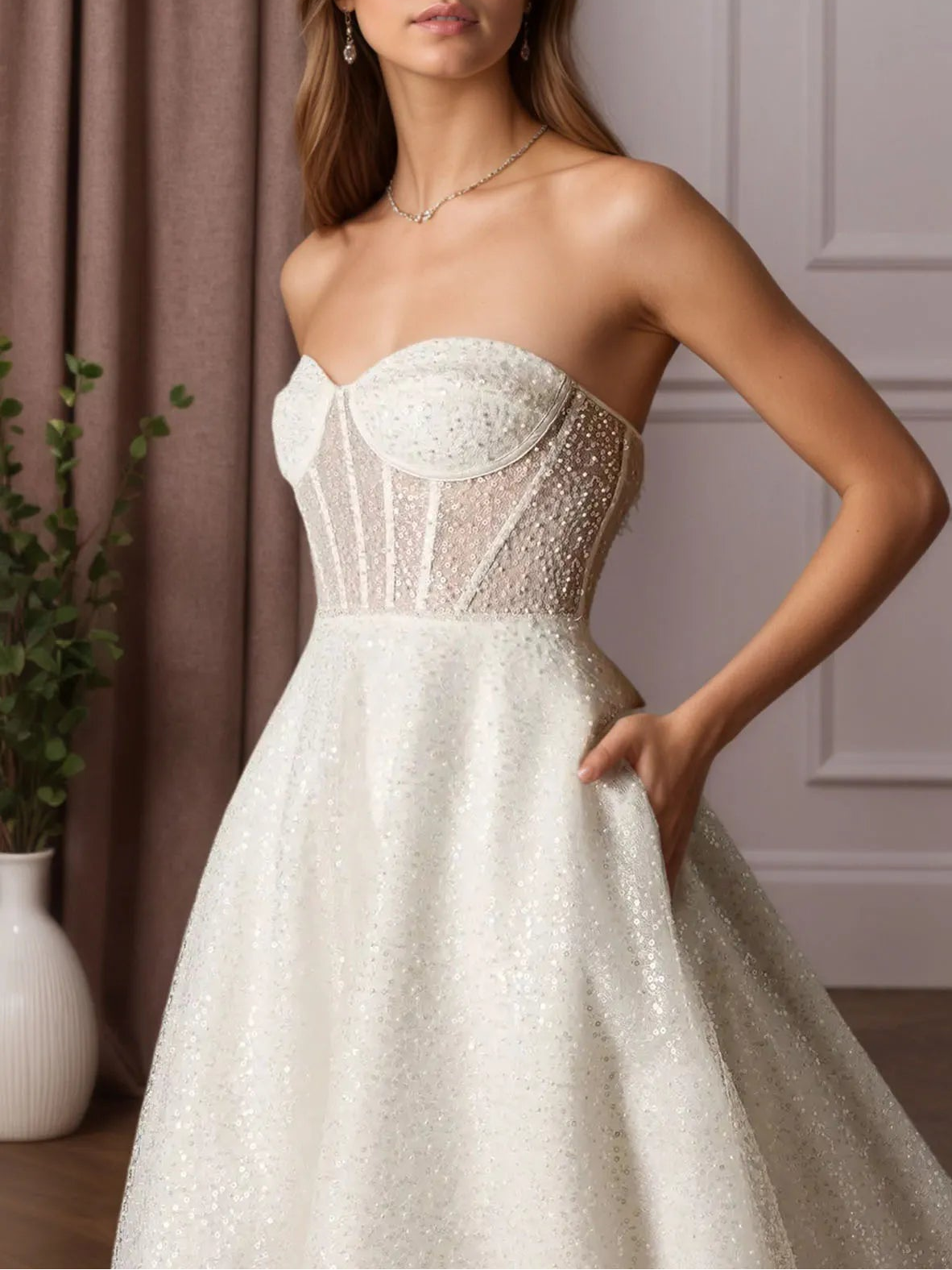 Sparkling White Sweetheart A-Line Strapless Beading Midi Wedding Dress
