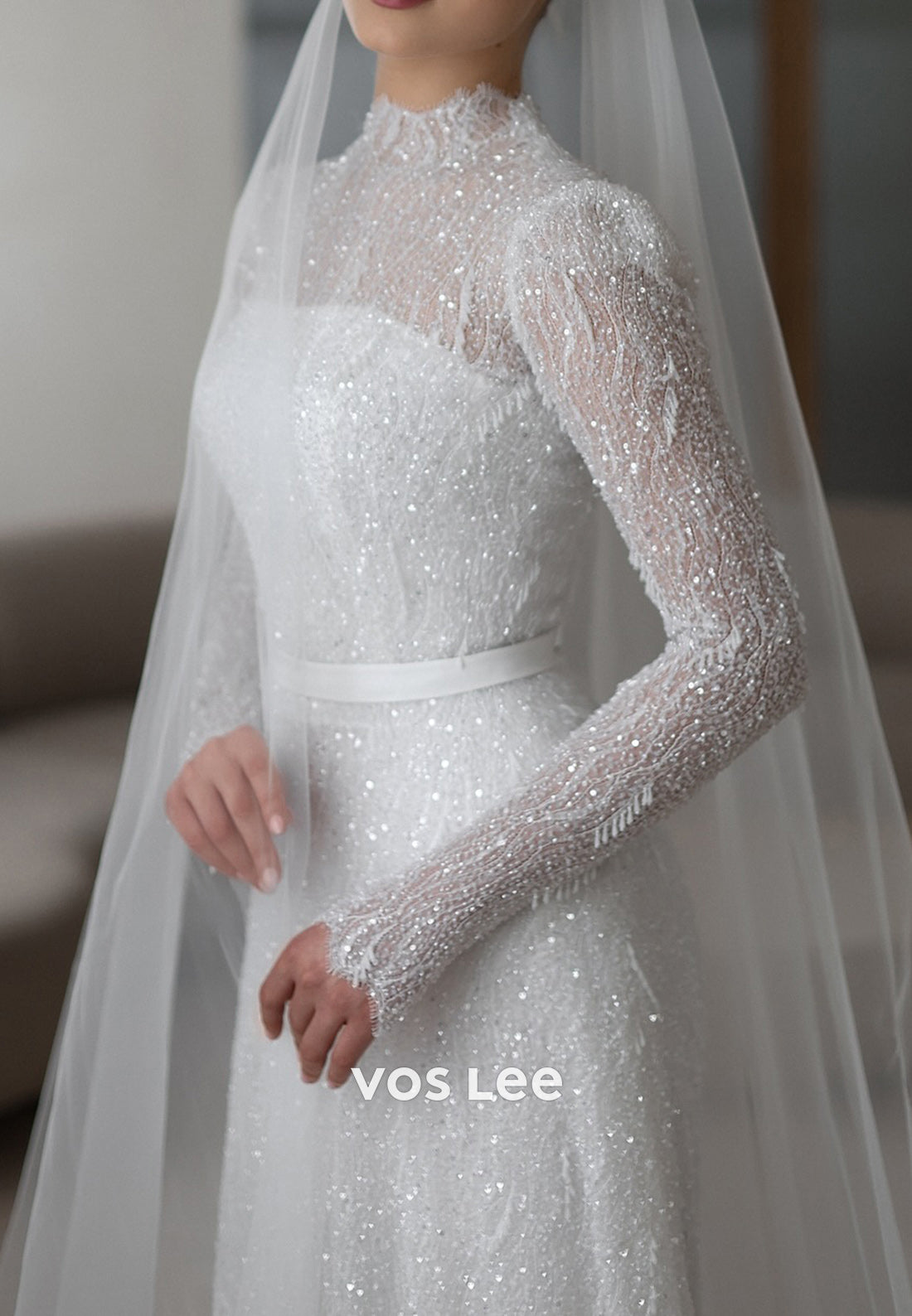 Long Sleeve Illusion Neck High Neck Appliques Sequins Sheath Wedding Dresses