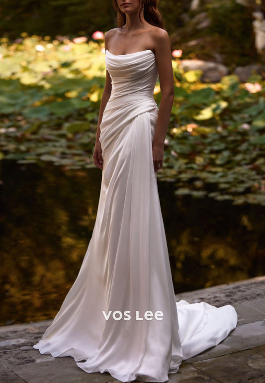 Glamorous & Dramatic Strapless Pleated Mermaid Wedding Dresses with Sweep Train